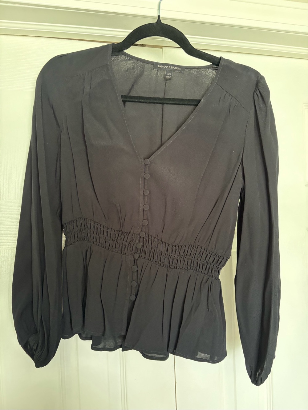 Banana Republic Black Button-Front Smocked-Waist Peplum Blouse